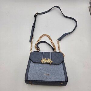 Aldo Blue Denim Look Crossbody Bag Gold Chain Lion Clasp Small
